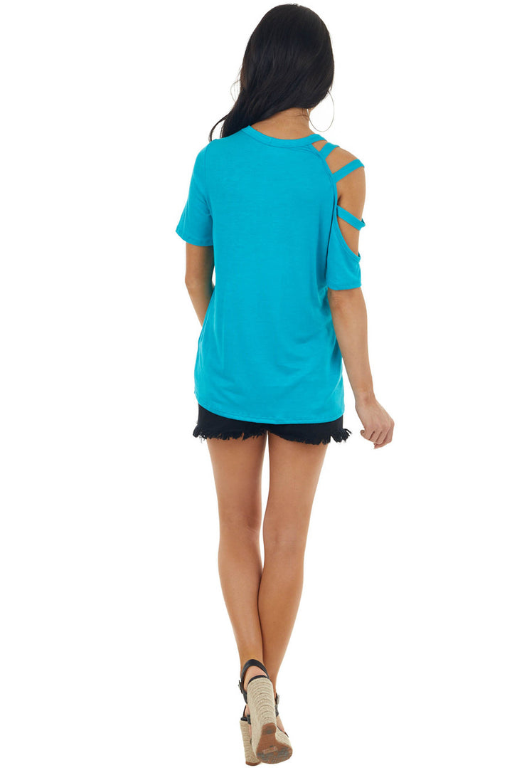 Vivid Sea Blue One Caged Sleeve Soft Short Sleeve Knit Top 