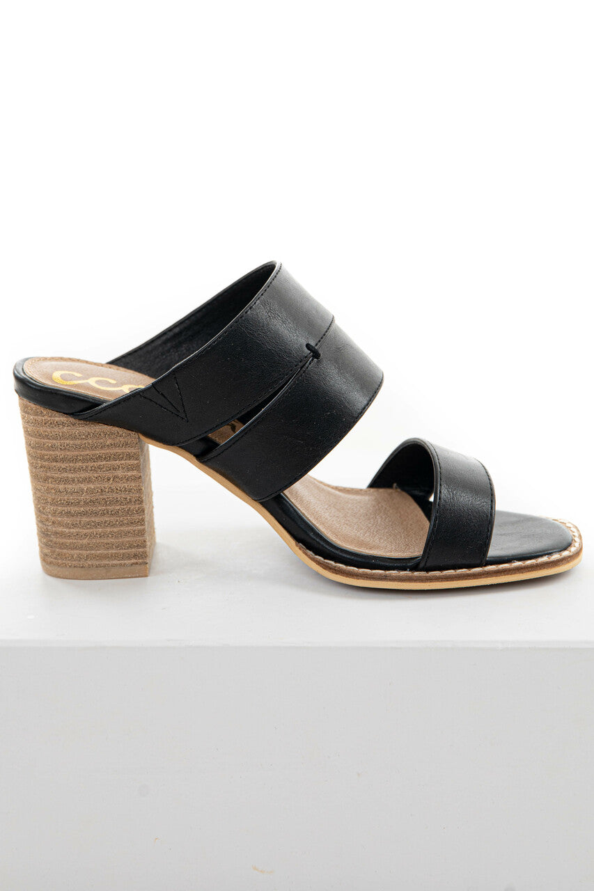 Black Faux Leather Open Toe Heeled Mules