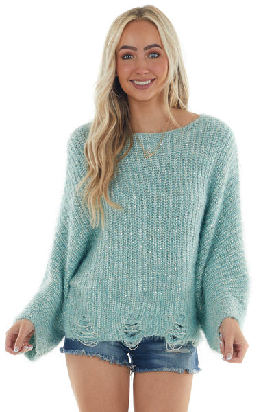 Arctic Blue Wide Sleeve Fuzzy Knit Sweater 