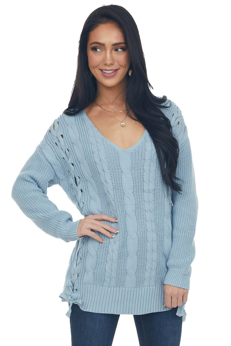 Powder Blue V Neck Loose Cable Knit Sweater