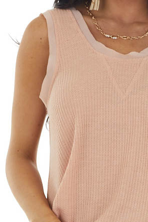 Apricot Waffle Knit Tank with Sheer Detail 