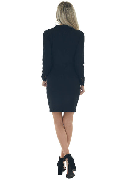 Black Brushed Knit Long Sleeve Shirt Dress