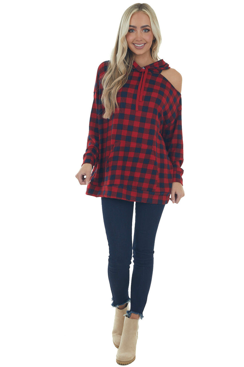 Cranberry Checkered Plaid Cold Shoulder Hoodie 