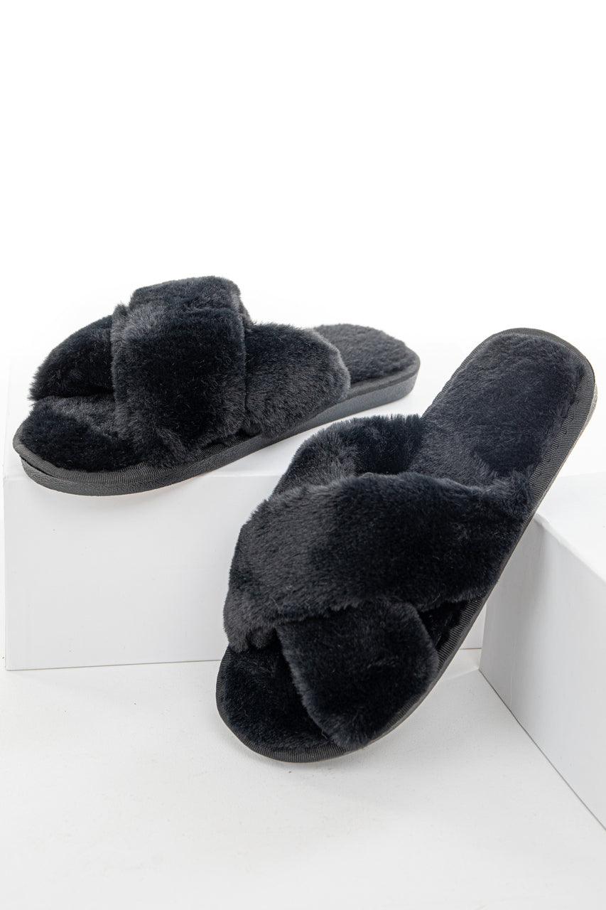 Black Super Soft Fuzzy Slippers with Criss Cross Straps