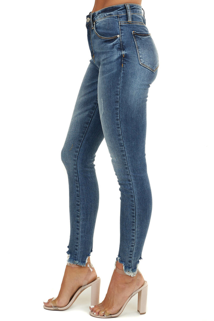 Dark Wash Mid Rise Ankle Cut Jeans with Distressed Hemline 