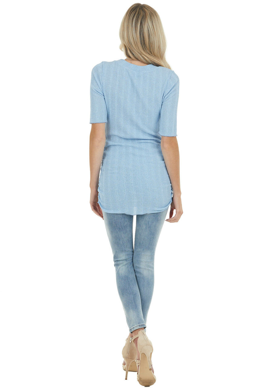 Powder Blue Half Sleeve Ribbed Knit Top with Side Ruching