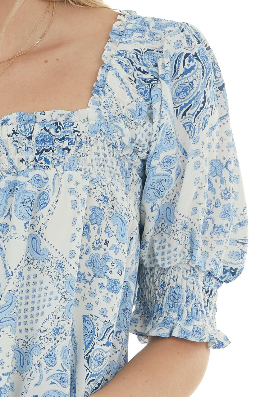 Ivory and Powder Printed Square Neck Blouse