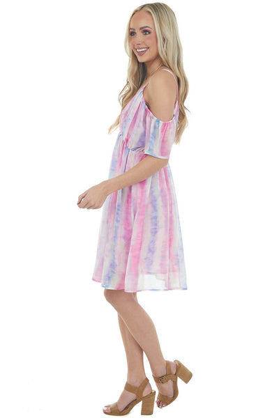 Thulian Pink Tie Dye Cold Shoulder Mini Dress