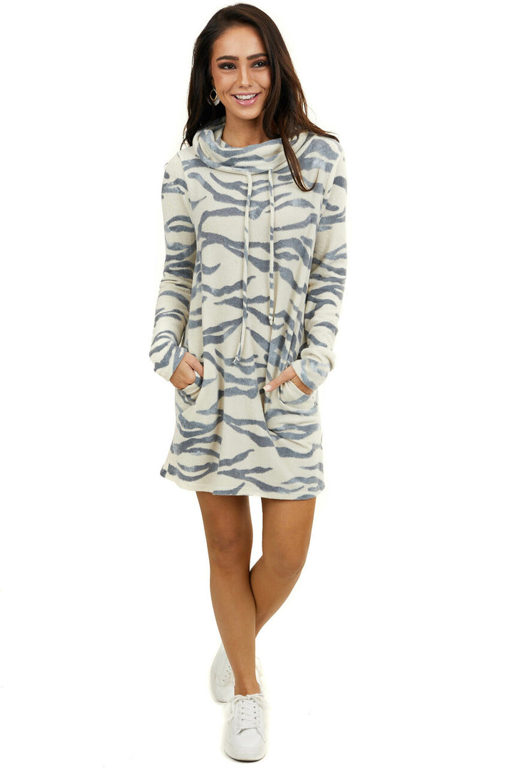 Cream and Stormy Grey Zebra Print Dress with Cowl Neckline 