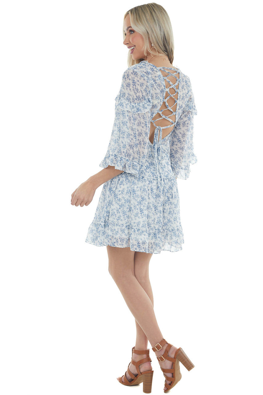 Ocean Ditsy Floral Tiered Short Dress with Open Back Detail 
