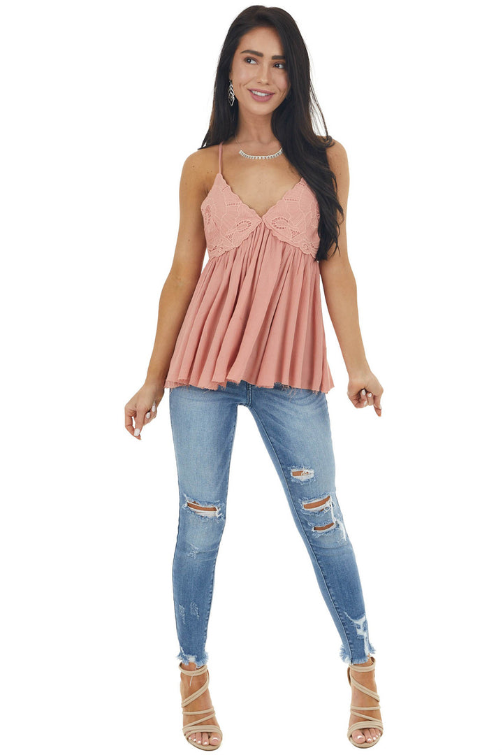 Peach Lace Sleeveless Babydoll Top with Crisscross Straps