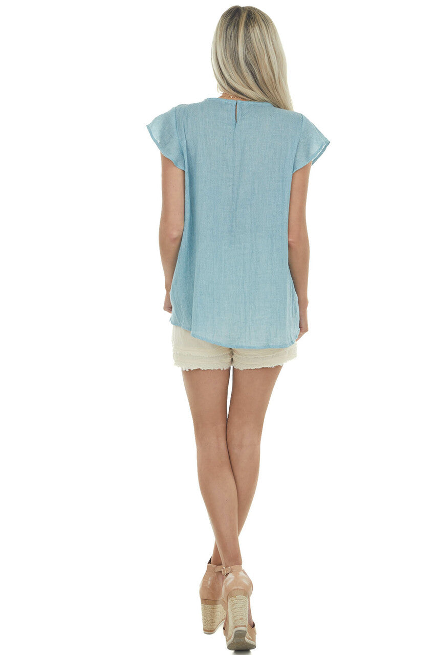 Teal Short Ruffle Sleeves Woven Top with Lace Yoke