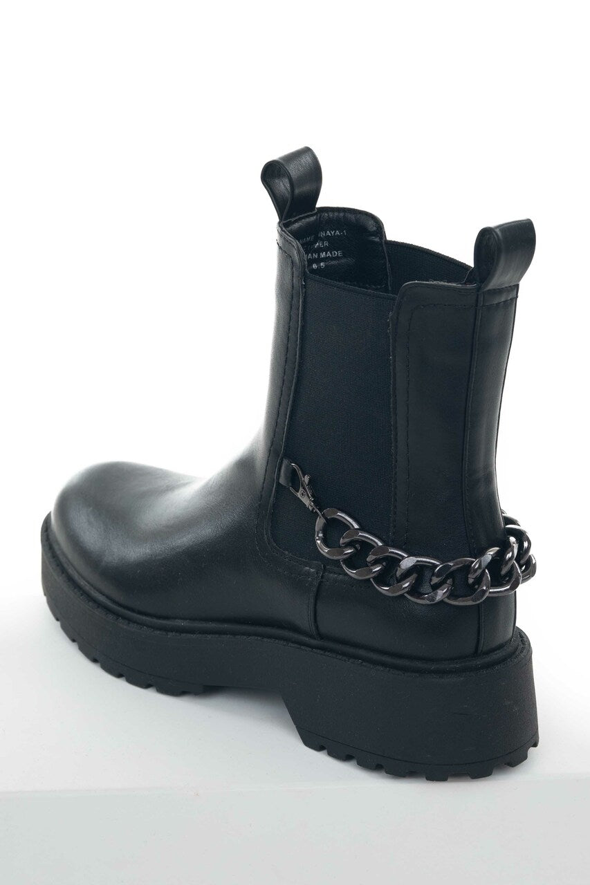 Black Faux Leather Lug Boots with Chain Detail