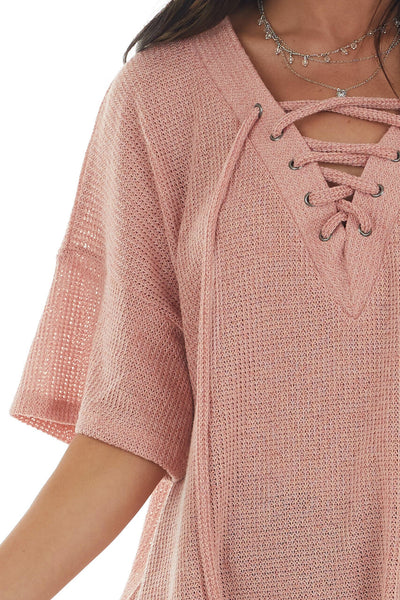 Coral Loose Knit Top with Lace Up V Neckline