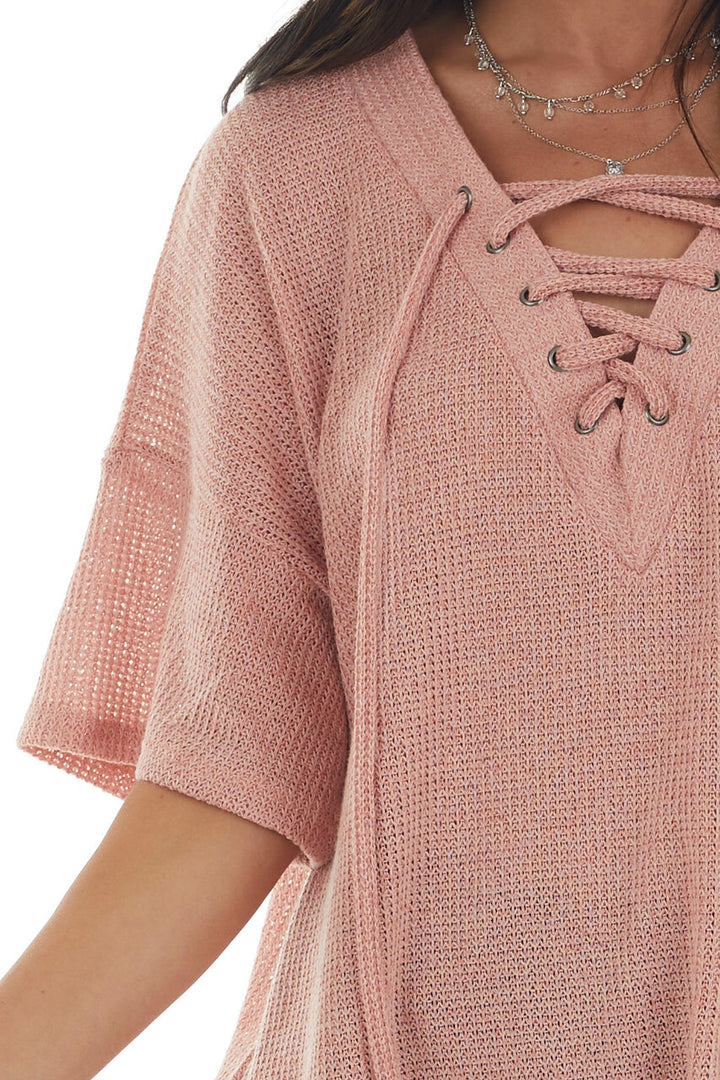 Coral Loose Knit Top with Lace Up V Neckline