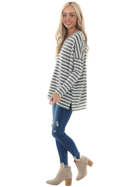 Ivory and Charcoal Striped Oversized Knit Top