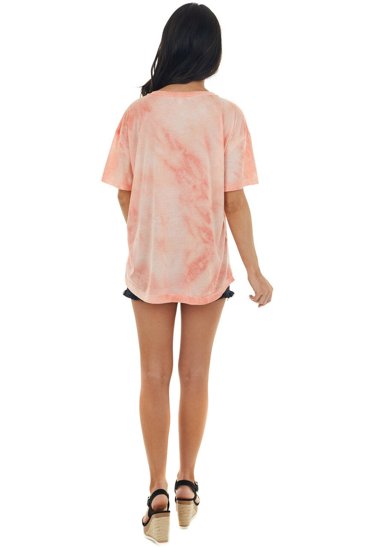 Coral Tie Dye Lace Up V Neck Short Sleeve Tee