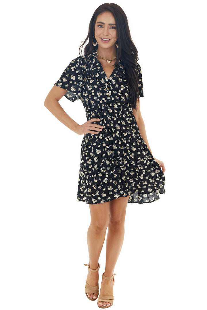 Black Ditsy Floral Tiered Babydoll Short Dress with Collar 