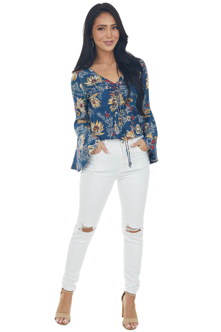 Navy Floral Print Blouse with Long Sleeves