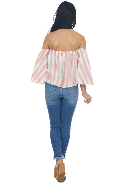Baby Pink Striped Off the Shoulder Flared Sleeve Blouse