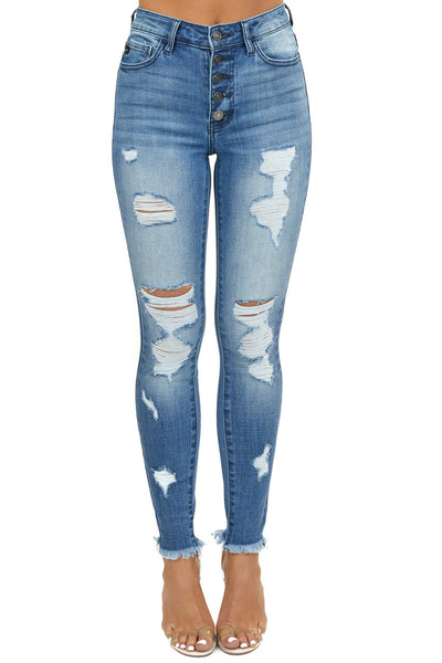 Medium Wash High Rise Distressed Skinny Jeans with Fray