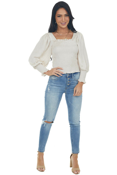 Eggshell Long Bubble Sleeve Smocked Blouse with Tie Detail