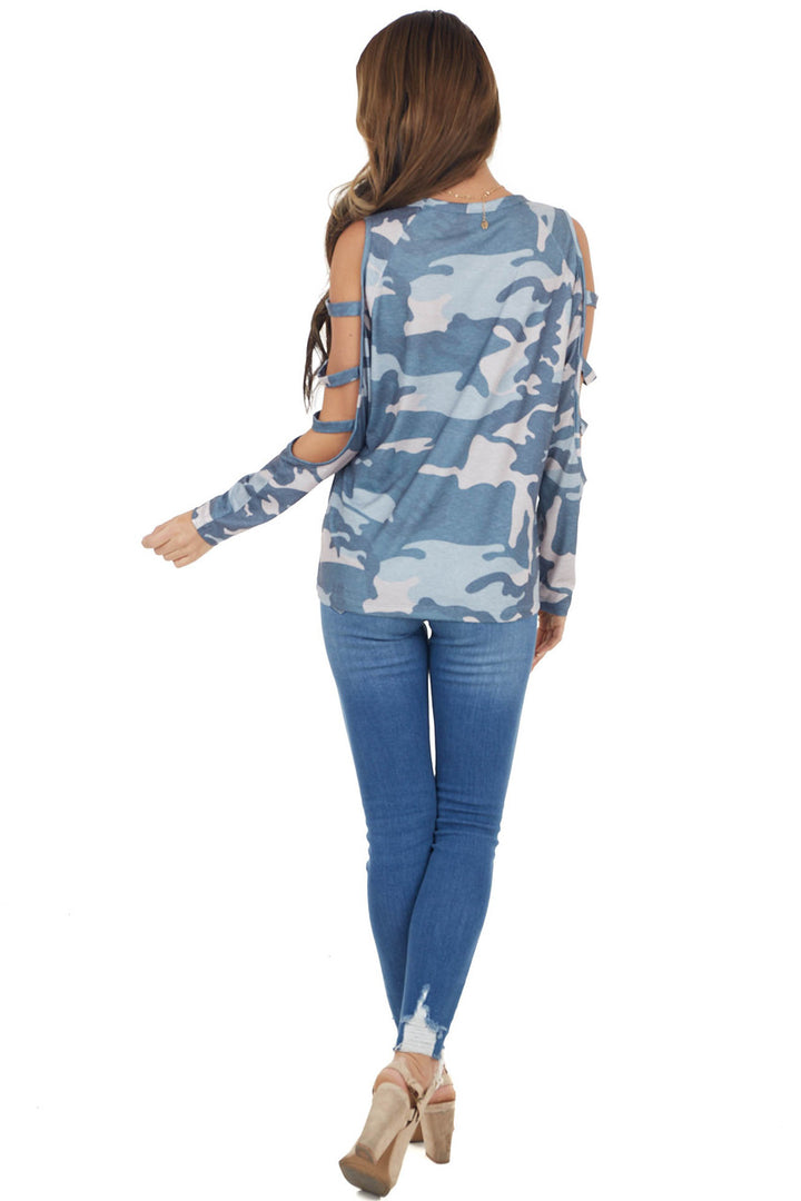 Navy Camo Long Ladder Sleeve Stretchy Knit Top