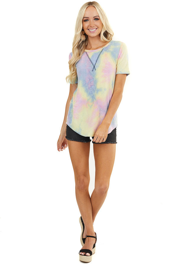 Multicolor Tie Dye Short Sleeve Top with Rounded Neckline