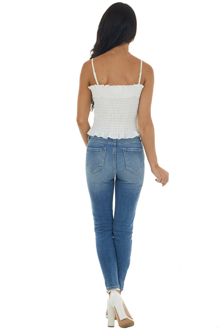 Ivory Smocked Front Tie Cropped Tank Top 