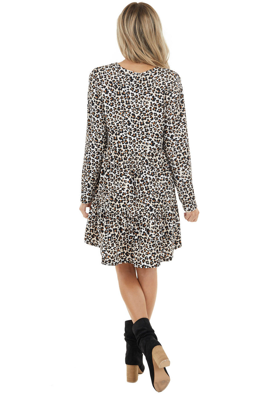Ivory and Camel Leopard Print Babydoll Dress with Ruffle Hem
