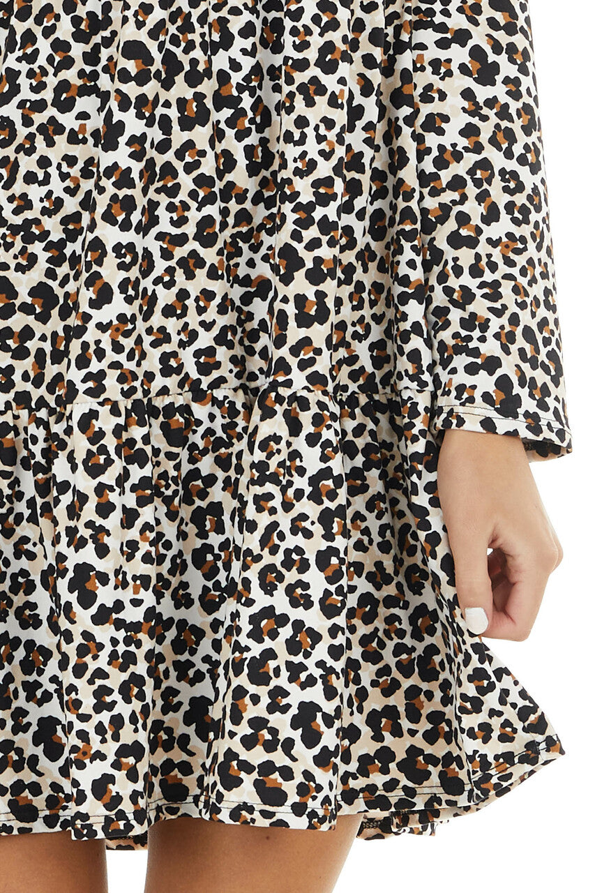 Ivory and Camel Leopard Print Babydoll Dress with Ruffle Hem