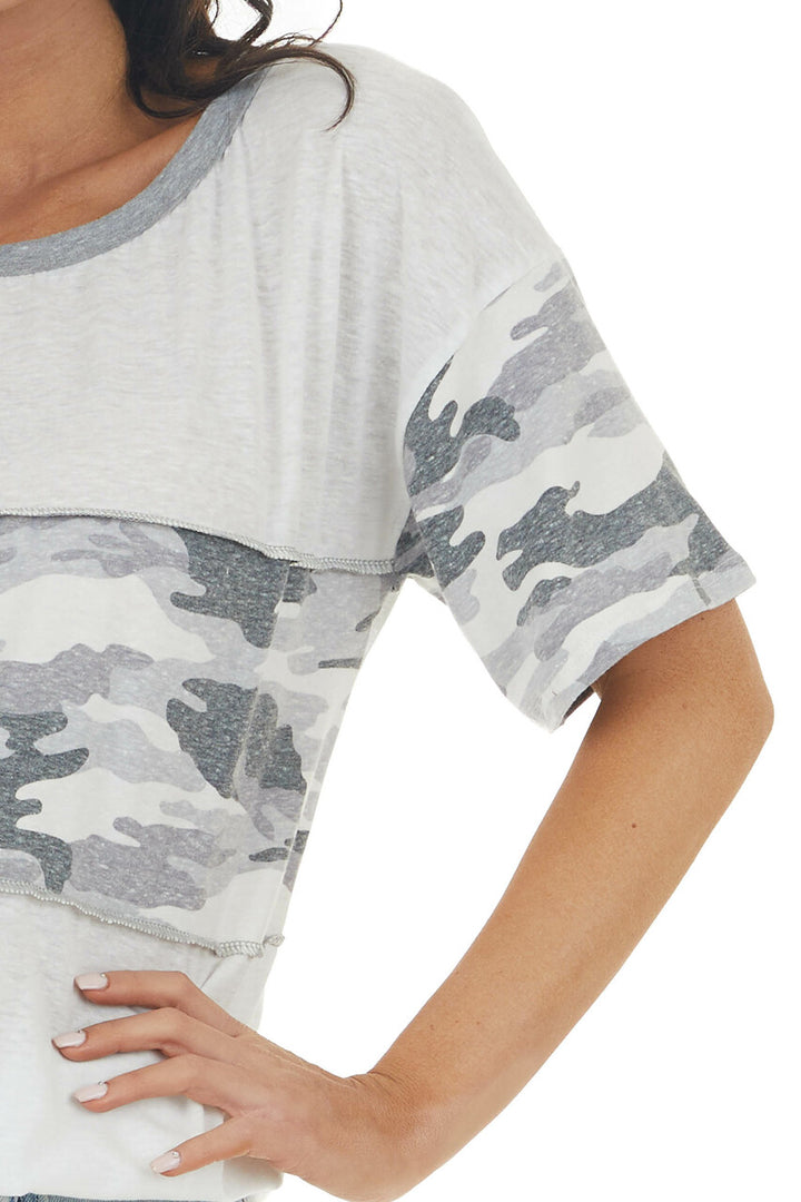 Ivory Camo Print Short Sleeve Knit Top with Stitching Detail 