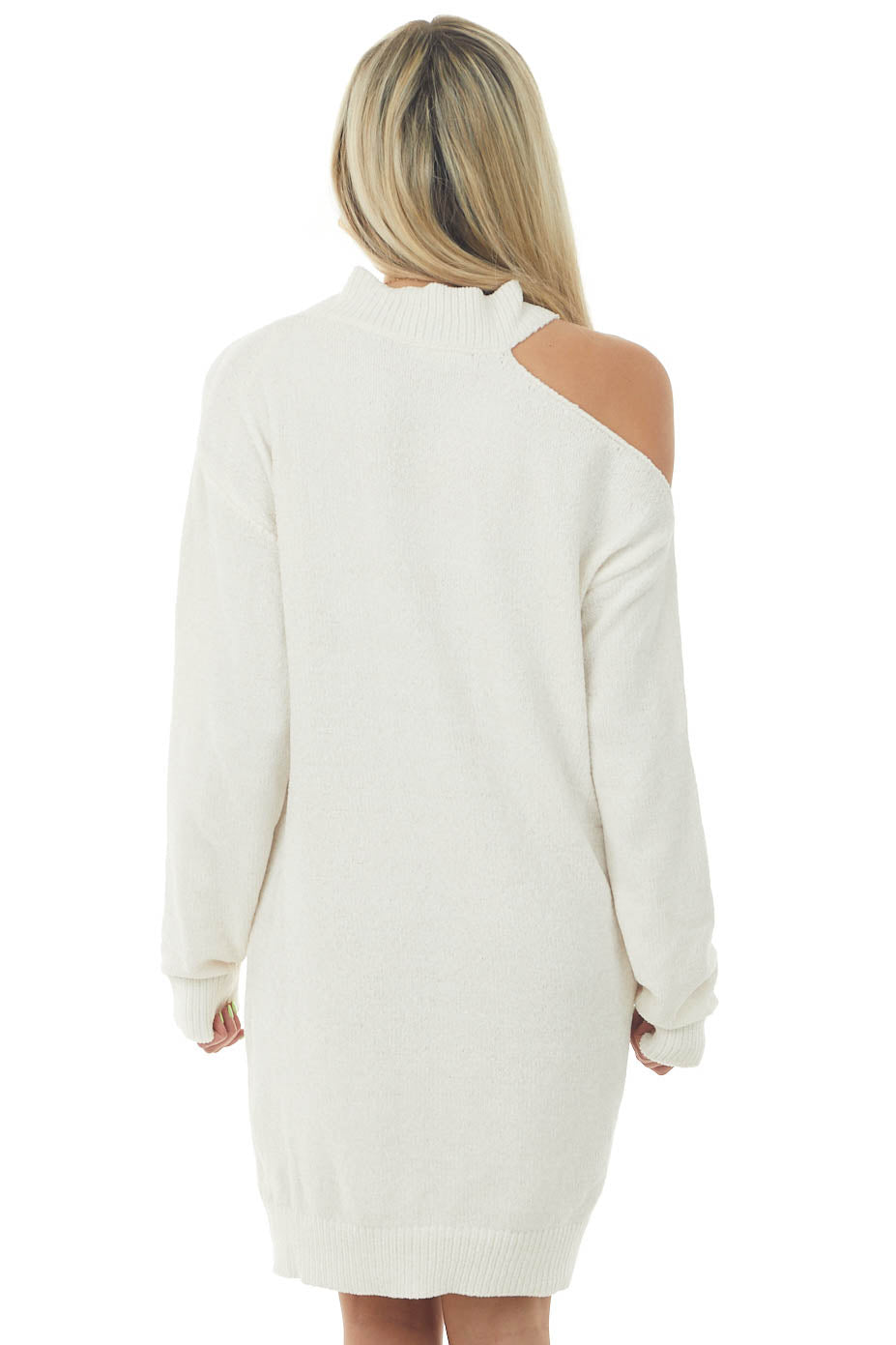 Ivory Chenille Sweater Dress with Single Cold Shoulder