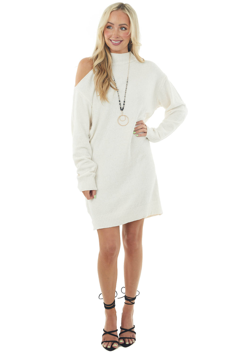 Ivory Chenille Sweater Dress with Single Cold Shoulder