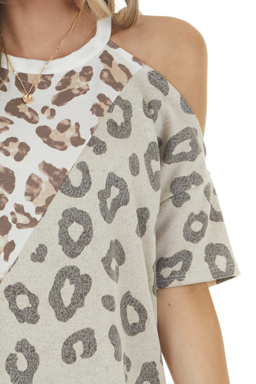 Ivory Multi Leopard Print Abstract Top with Cold Shoulder
