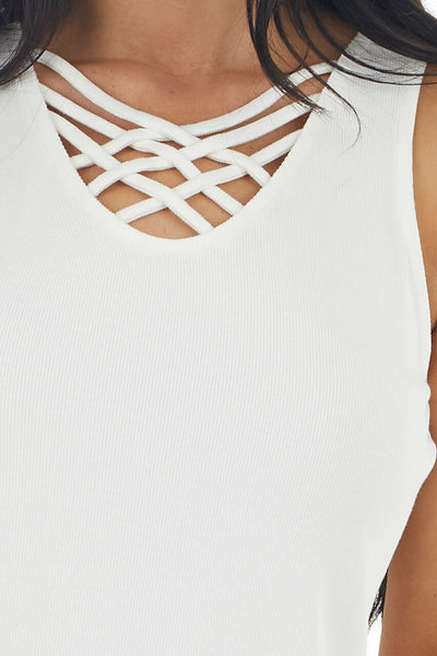 Ivory Ribbed Sleeveless Knit Top with Caged Neckline