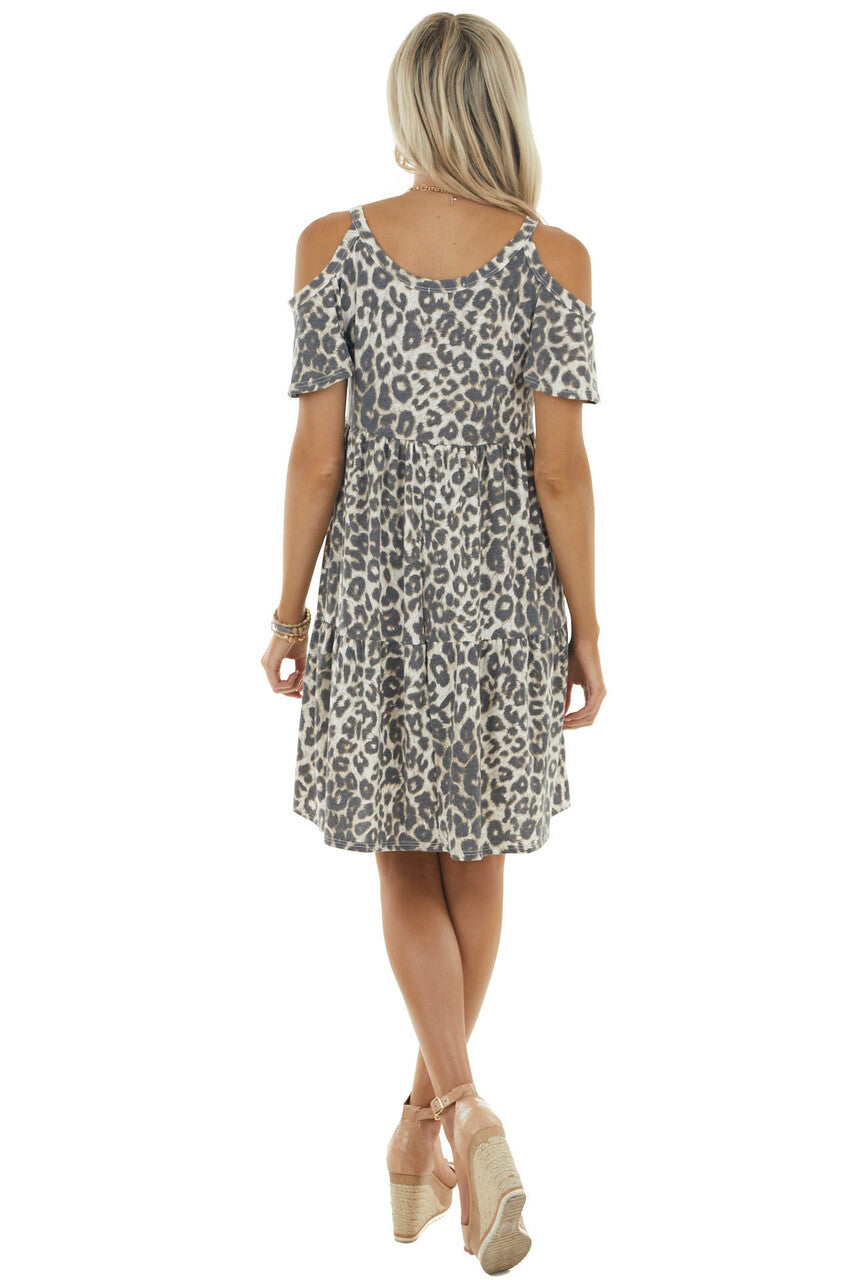 Latte Leopard Print Cold Shoulder Short Sleeve Short Dress 