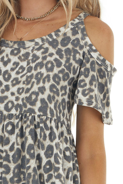 Latte Leopard Print Cold Shoulder Short Sleeve Short Dress 