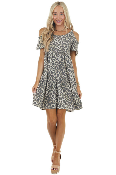 Latte Leopard Print Cold Shoulder Short Sleeve Short Dress 