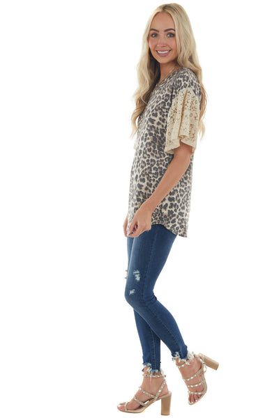 Latte Leopard Print Top with Short Floral Lace Bell Sleeves 