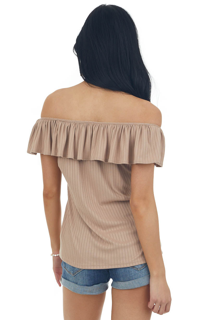 Latte Ribbed Knit Top with Ruffle Overlay