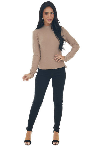 Latte Ruched Brushed Ribbed Knit Fitted Top