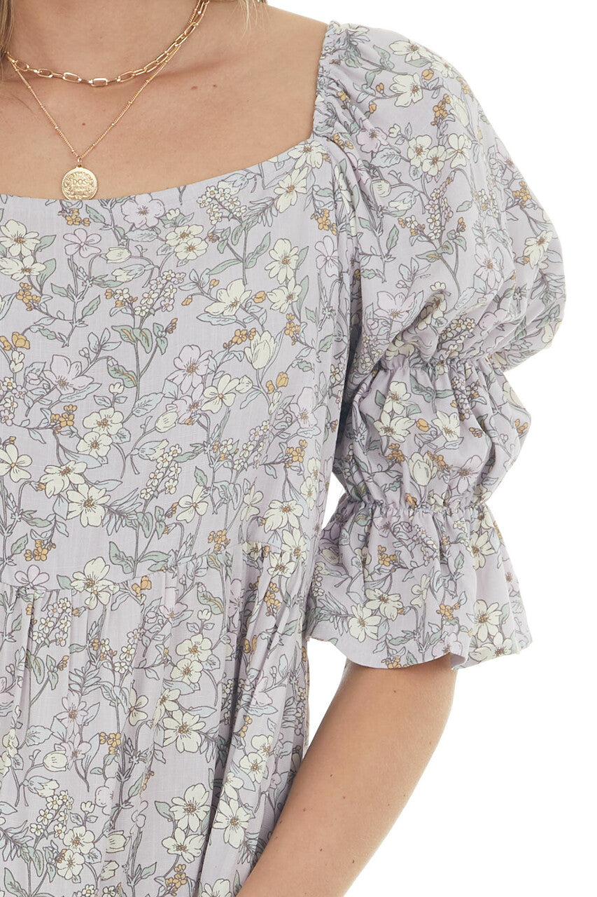 Lavender Floral Print Square Neck Short Dress