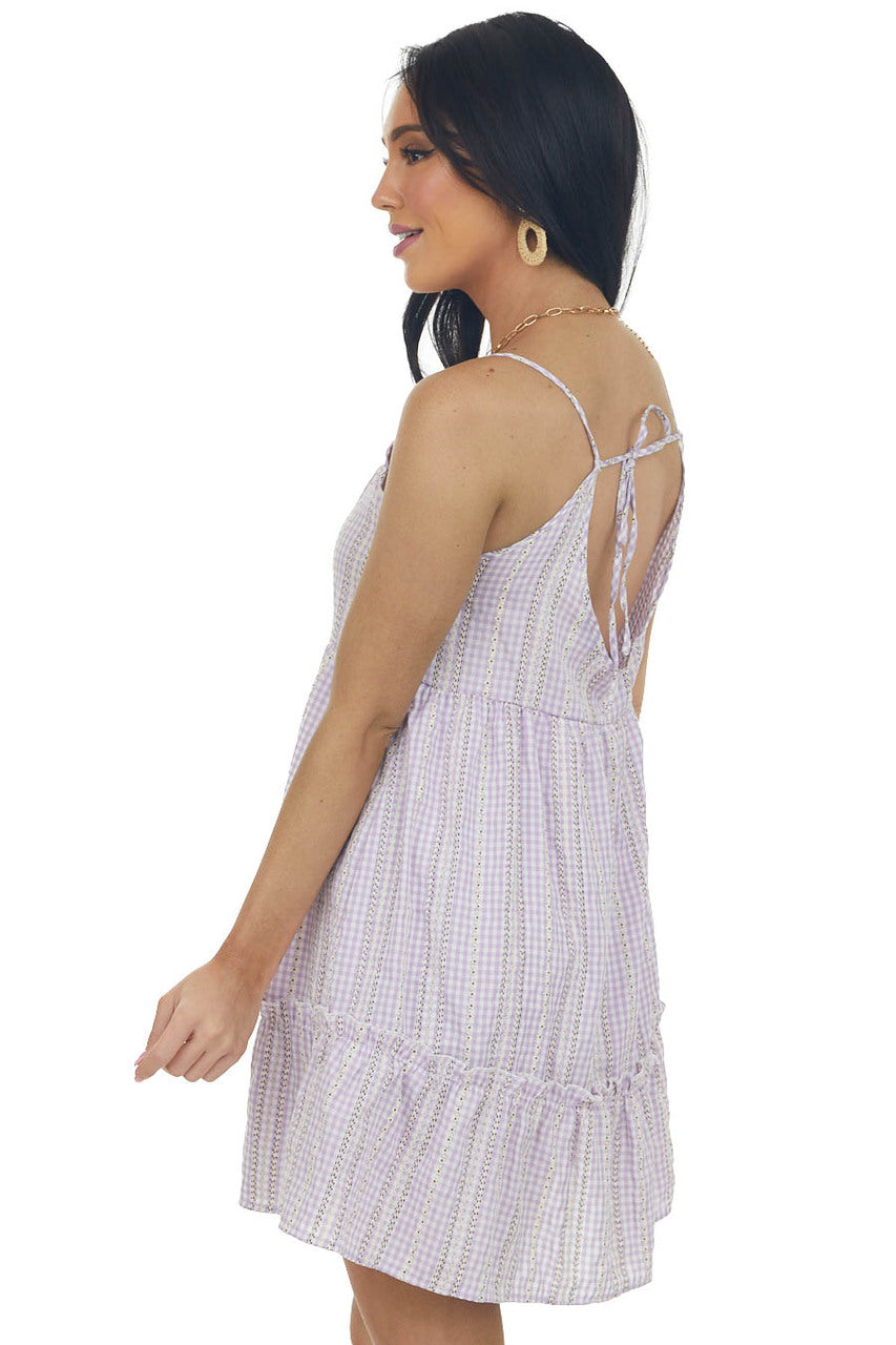 Lavender Gingham Stripe Print Tiered Dress
