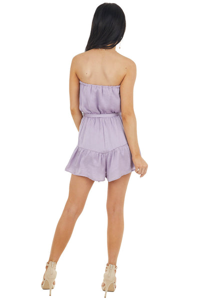 Lavender Silky Strapless Woven Romper with Front Tie Detail