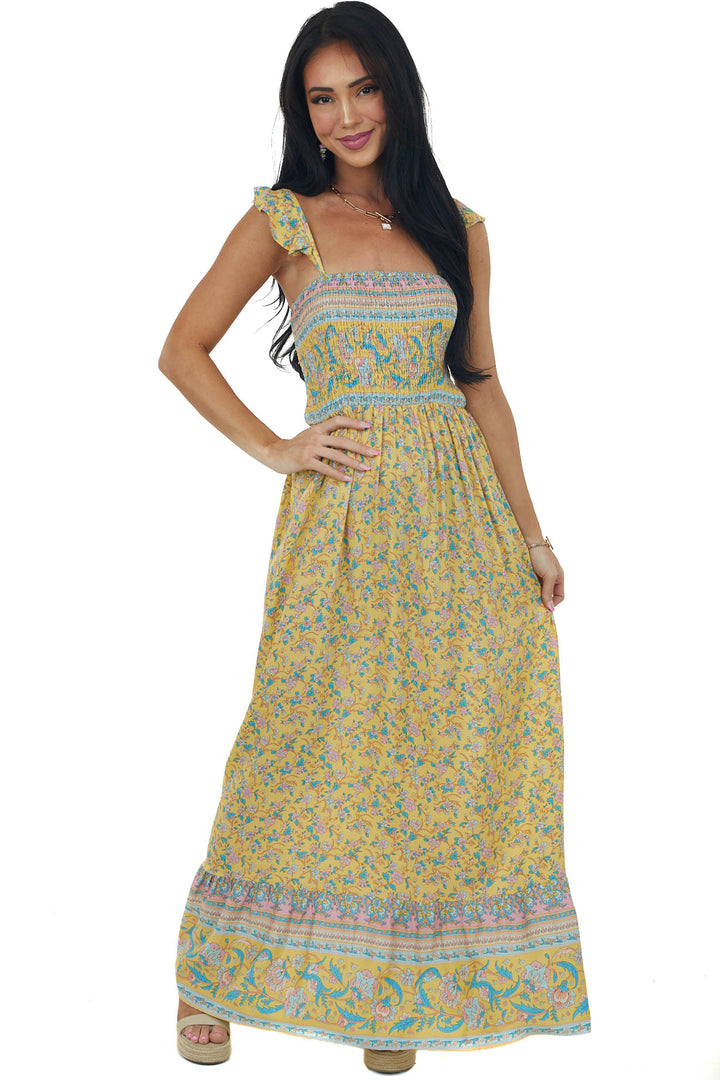 Lemon Floral Print Sleeveless Smocked Maxi Dress
