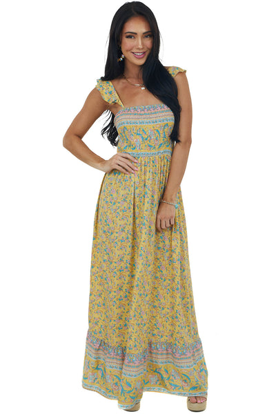 Lemon Floral Print Sleeveless Smocked Maxi Dress