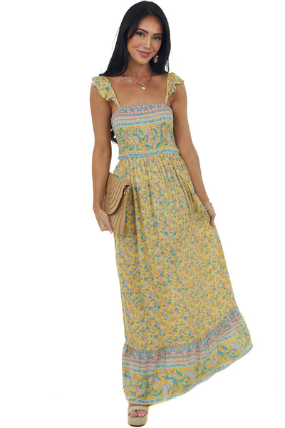 Lemon Floral Print Sleeveless Smocked Maxi Dress