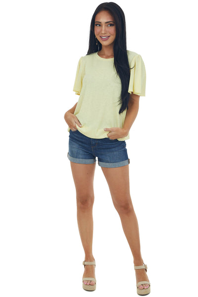Lemon Textured Flutter Sleeve Elastic Hem Top