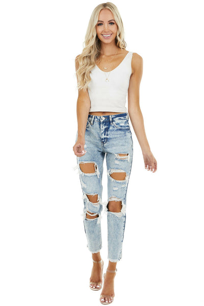 Light Acid Wash High Rise Distressed Boyfriend Jeans